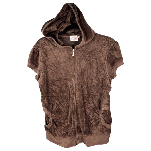 Juicy Couture Vintage Brown Velour Short Sleeve Zip Shirt Size XL - Picture 1 of 4